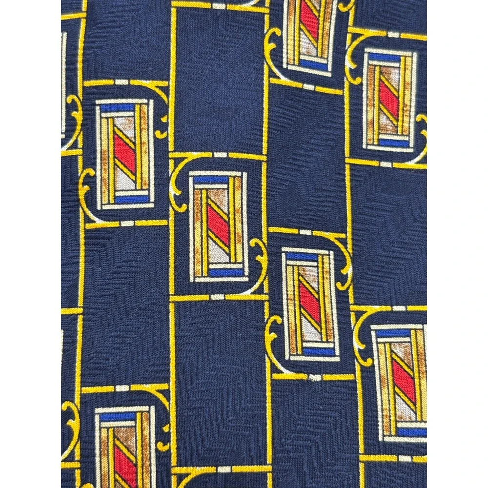 Oscar de la Renta 100% Silk Men's Necktie Navy Blue Gold Red Geometric Vintage